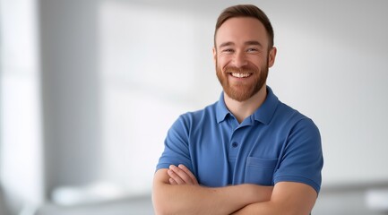 Cheerful man with beard is wearing blue polo shirt, standing confidently with his arms crossed. background is softly blurred, creating warm and inviting atmosphere