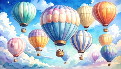 Watercolor hot air balloons floating peacefully in serene blue sky landscape