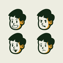 Cartoon boy face set showing surprised, scared, angry, and mischievous expressions in bold vector style. Perfect for emoji, mascot, sticker, or children’s content design