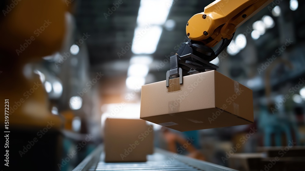 Poster robotic arm is skillfully holding cardboard box in warehouse setting, showcasing advanced automation
