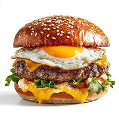 Delicious gourmet burger with sunny side up egg cheese lettuce and tomato isolated on white background ready for advertising