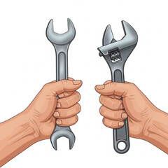 Spanner and Wrench Held by Worker Hands Vector Illustration