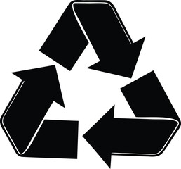 Black recycling symbol with three circular arrows, eco-friendly sustainability icon isolated on white background, solid vector silhouette for environment or waste reduction themes