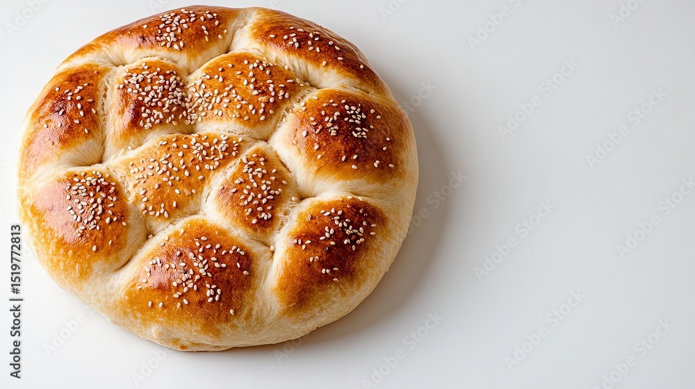Poster kashar pita with sesame seeds sprinkled on top, centered on a white background with ample empty spac