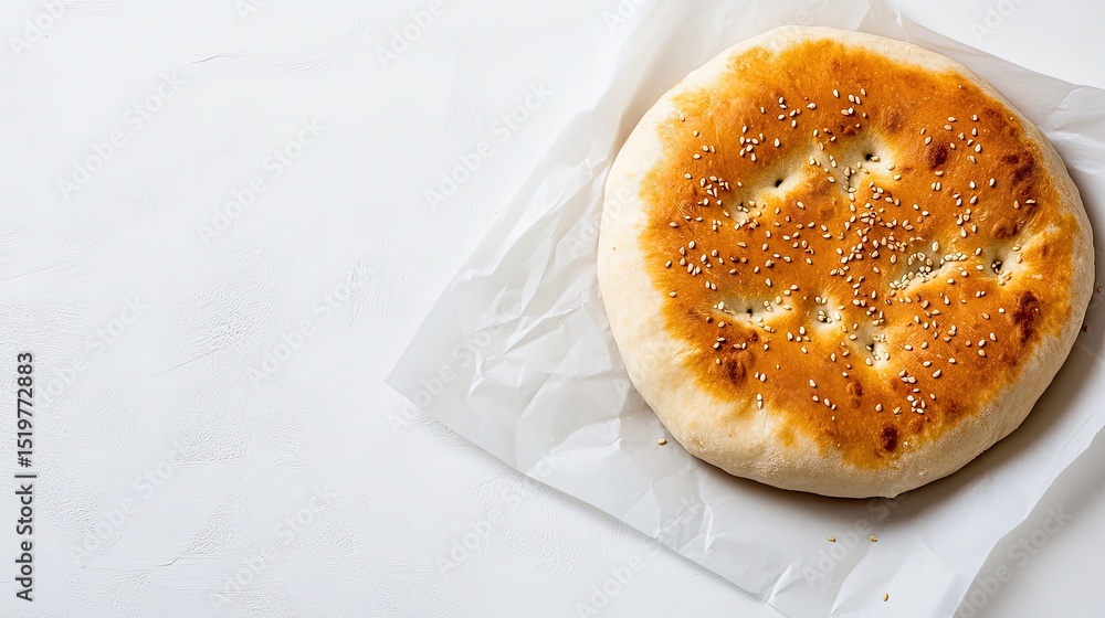 Poster kashar pita with sesame seeds sprinkled on top, centered on a white background with ample empty spac