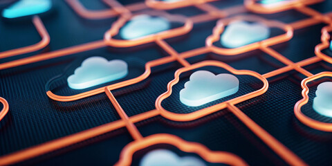 Cloud computing network with glowing connections, digital clouds, and futuristic technology, representing multicloud infrastructure, data transfer, and global connectivity in modern IT environment
