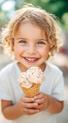 National Ice Cream Month. Happy child with curly hair is joyfully holding a cone of ice cream topped with colorful sprinkles, celebrating National Ice Cream Month