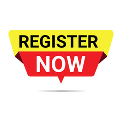 register now banner with yellow and red folded ribbon design and bold text on white background	