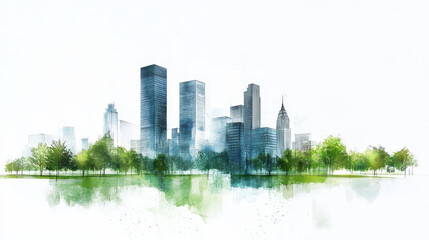 Obraz premium Vibrant pencil sketch of bustling city skyline with green trees and reflections in water, showcasing urban life