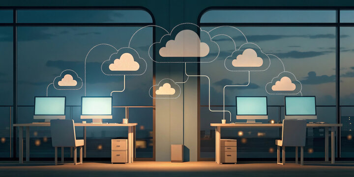 Cloud computing, virtual desktop infrastructure, and remote work concept with modern office desks, computers, and digital cloud icons connected, illustrating technology and collaboration