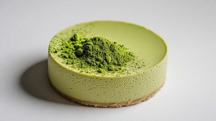 Matcha cheesecake with a decorative matcha powder design on the surface, resting on a simple, clean background. 
