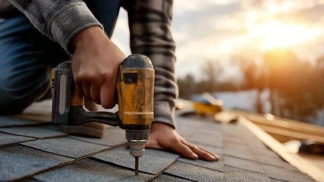 A handyman repairs a roof by installing shingles with a nail gun.