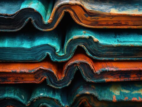 Close-up of weathered, corrugated metal roofing