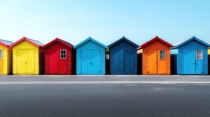 Colorful beach huts lined up along a paved road under a clear sky