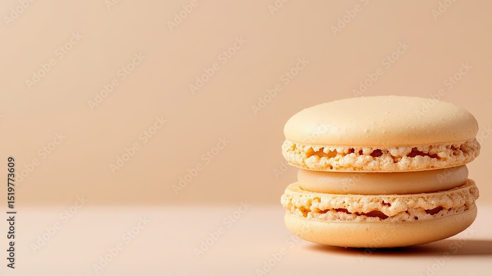 Poster minimalistic shot of a macaron in a soft beige color, placed on a neutral background with ample spac