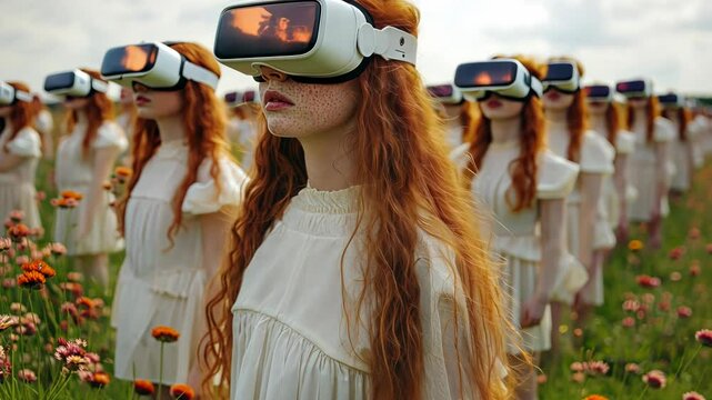 Row of women in VR headsets, field of flowers