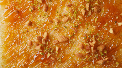 A top-down view of Kunafa, showcasing the entire surface of the dessert with evenly distributed syrup and decorative nuts on top, highlighting the pastry's pattern and texture