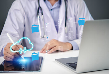 doctor using a tablet to manage electronic health records (EHR) and electronic medical records (EMR) with cloud storage. digital healthcare technology, cloud computing, and medical record management.