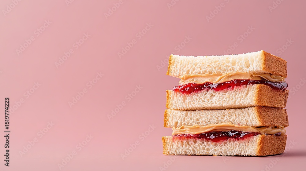 Poster peanut butter and jelly sandwich on a slice of bread with a clean backdrop, shot to emphasize the la
