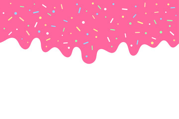 Sweet Pink Dripping Icing with Colorful Sprinkles. Abstract Dessert Background. Vector Illustration