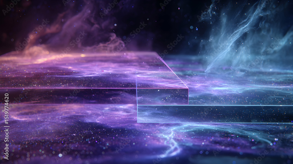 Poster cosmic steps abstract background with nebula light effect purple and blue presentation platform