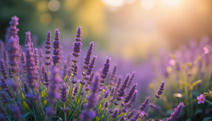 Delicate lavender flowers blossoming in sunlight with soft green bokeh, web banner style