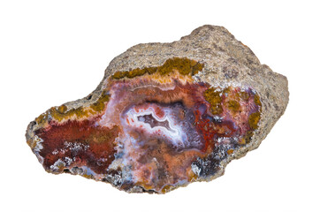 Closeup of cut polished gem agate passing to red jasper isolated on white background. Beautiful small geode inside natural mineral stone cross section. Found in rock near Nova Paka, northeast Czechia.