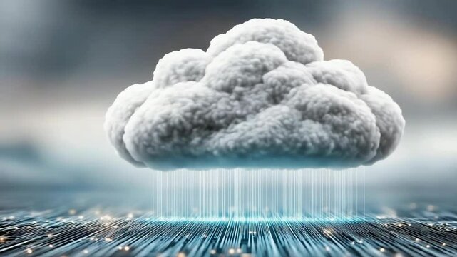 Realistic gray cloud hovers in a dark space, emitting glowing digital sparks that fall like data rain. Futuristic 3D artwork symbolizes cloud computing, data flow and the cyber environment.