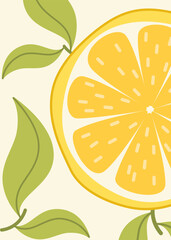 Summer poster with lemon slices closeup. Flat style. Bright Mediterranean design template for postcard, poster, flyer, banner, cover.