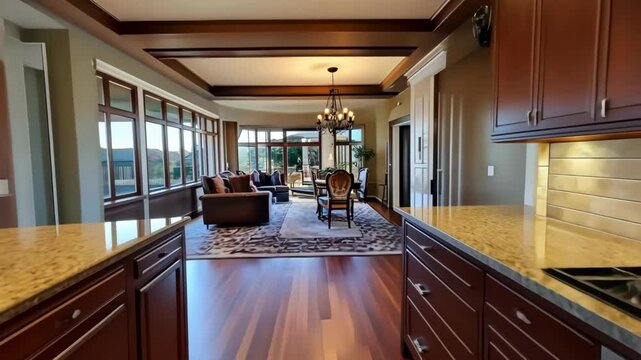 Luxury kitchen interior with granite countertops, dining and living room view.