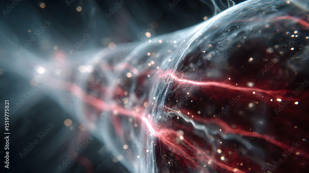 Poster cosmic abstract with dynamic red and white energy streams representing power and movement.