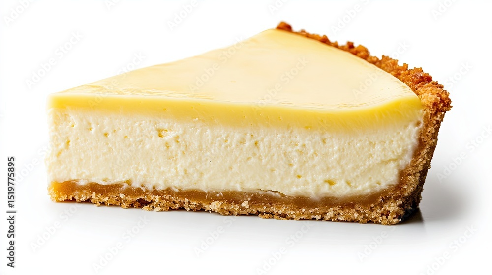 Poster side view of a slice of cheesecake, showcasing its layers, placed on a white background with plenty 