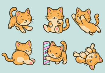 Cute Cartoon Cats Playing in Various Poses - Vector Illustration