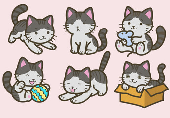 Cute Cartoon Cats Playing in Various Poses - Vector Illustration
