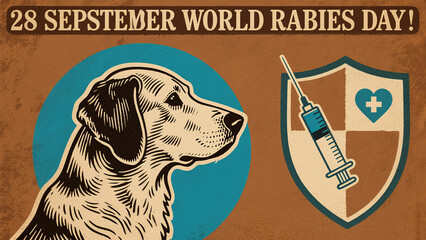 Retro style dogs and protective symbols, representing traditional science popularization for Rabies Day, suitable for community promotion scenarios.