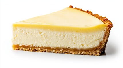 Side view of a slice of cheesecake, showcasing its layers, placed on a white background with plenty of empty space. 