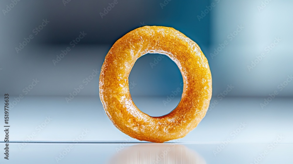 Poster single golden-brown onion ring placed on a minimalistic white surface, with a subtle shadow to creat