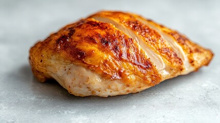 Single piece of crispy chicken breast on a light-colored background, with a clear focus on the crispy skin. 