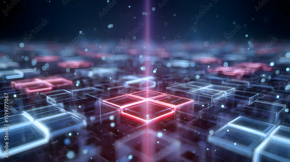 Poster abstract geometric futuristic background featuring glowing cubes in shades of blue and red with part