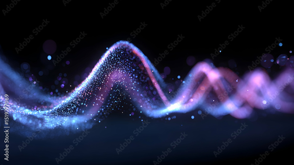 Poster abstract glowing particles floating in a curved pattern resembling a digital wave on black backgroun