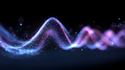 Abstract glowing particles floating in a curved pattern resembling a digital wave on black background