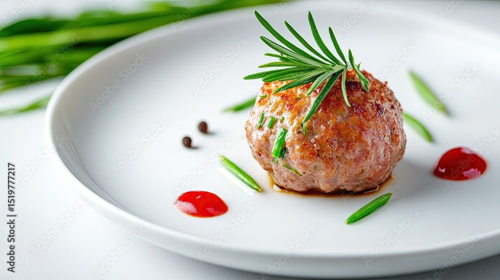 Poster single swedish meatball placed artistically on a pristine white plate with empty space for any addit