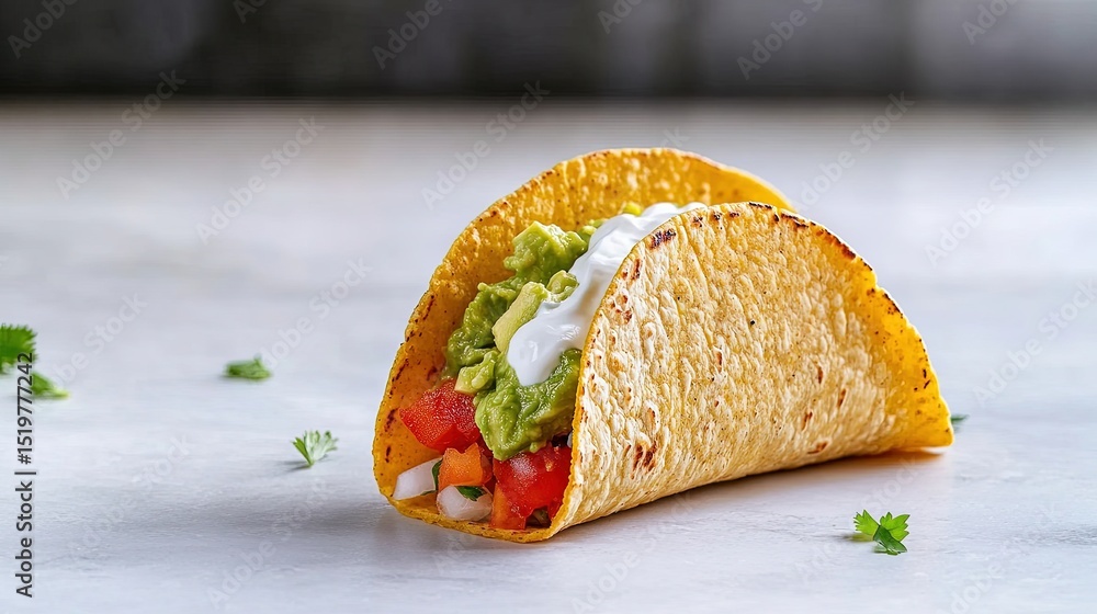 Poster single taco with guacamole, sour cream, and tomatoes, displayed on a clean, white table with empty s