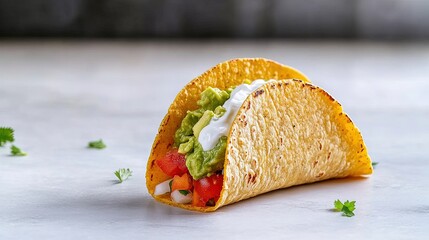 Single taco with guacamole, sour cream, and tomatoes, displayed on a clean, white table with empty space around it. 