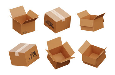 3D cardboard box delivery. Parcel template with tape, open and closed box packaging, realistic design. Vector set