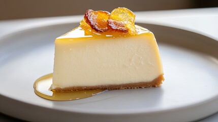 Slice of lemon cheesecake topped with candied lemon peel and a drizzle of honey, displayed on a clean, neutral-colored plate. 