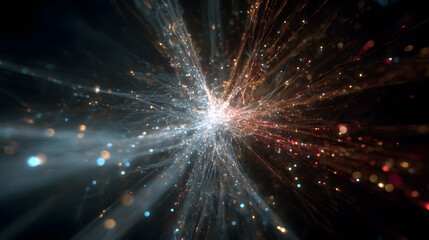 Abstract light streaks radiate outwards creating a sense of energy motion and cosmic exploration