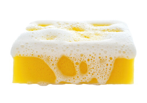 Yellow cleaning sponge covered with soap suds on transparent background