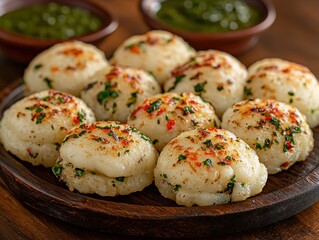 Round, light-brown, baked Indian treats, garnished with herbs & spices, on wooden platter