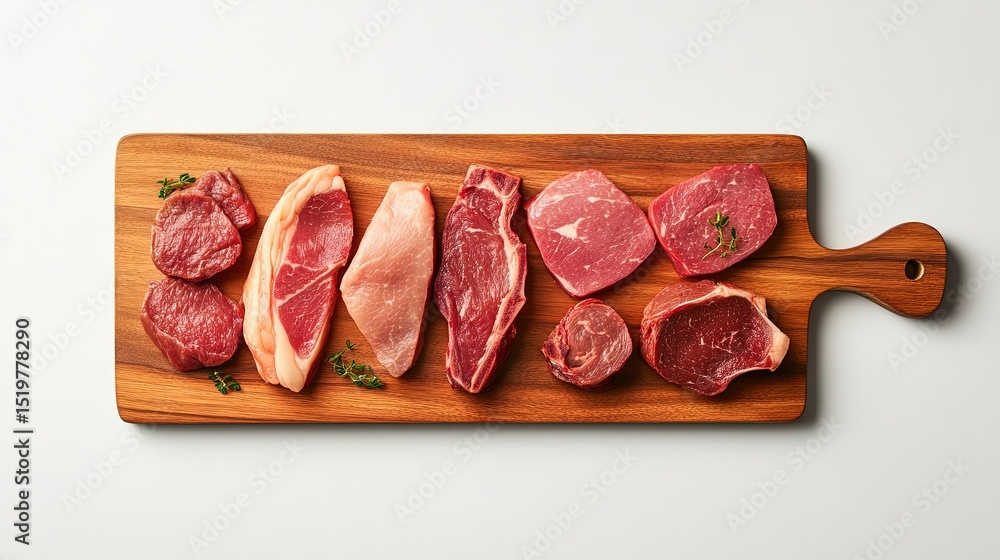 Poster tabletop view of a wooden cutting board with a selection of steaks and chops, isolated on a neutral,